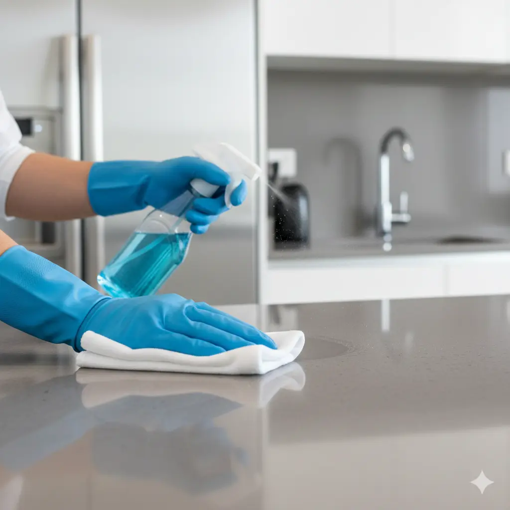 Professional cleaner dusting modern Dubai apartment